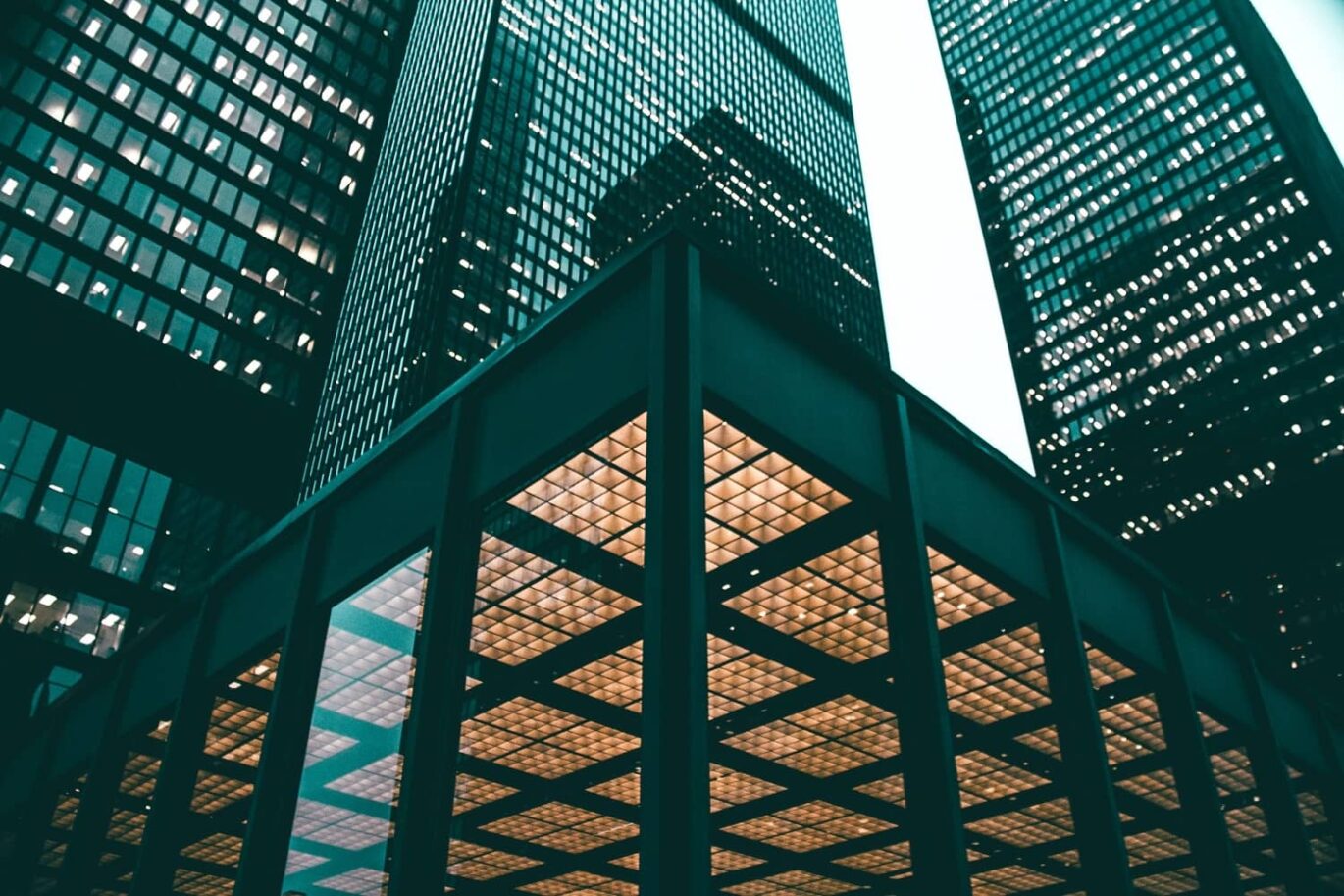 A high-rise building having exterior of glass